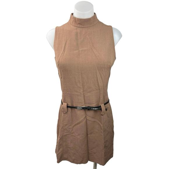 Cour Carre Women's Brown Mock Neck Sleeveless Belted A Line Flare Dress Size 46 - Picture 1 of 4